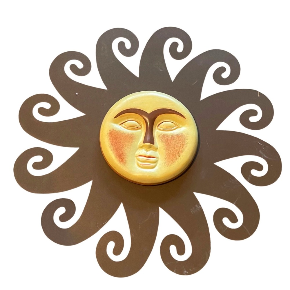 Sun Moon Celestial Vtg Decor Yard Art metal 16" Boho yellow brown Hanging 3d